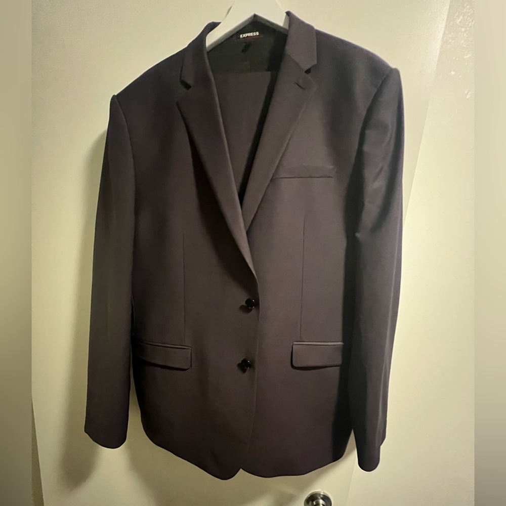 Express Men’s Plum Suit 48r extra slim and 42/34 Pant.